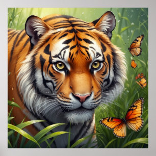 Poster Tigre Majestoso com Borboletas na Selva