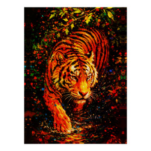 Pôster Tigre Majestoso na Água Salpico Colorido