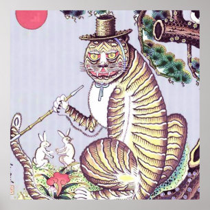 Poster Tigre Minhwa com Coelhos e Cachimbo