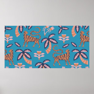 Poster tigre retrógrado vintage, palmeira, maruca