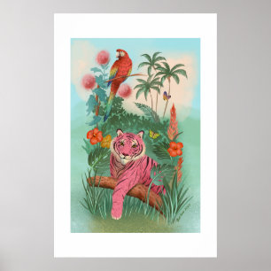 Poster Tigre Rosa e Papagaio Tropical Extra Grande Impres
