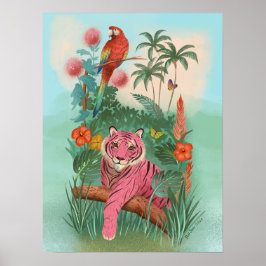 Poster Tigre rosa e selva tropical de papagaio