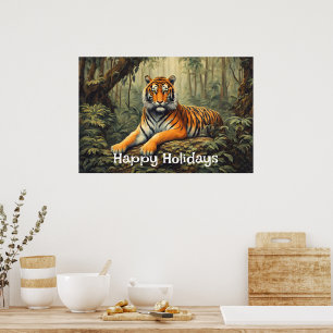 Poster Tigre Selvagem Na Vintage Florestal Tropical
