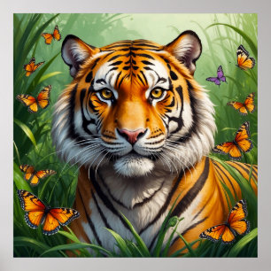 Poster Tigre sério com borboletas na selva
