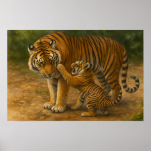 Poster Tigre Tenderness - Pai e Cubo na Floresta