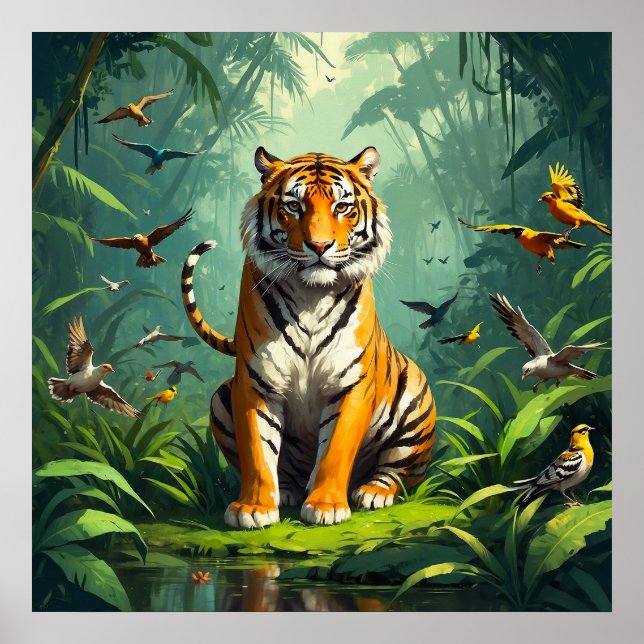 Poster Tigre Único Sentado na Selva com Aves (Frente)