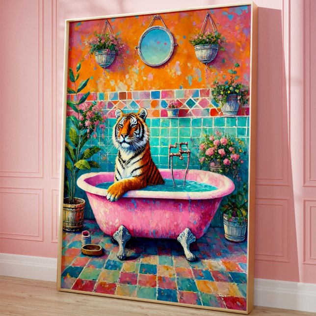 Poster Tigre Whimsical em Banheira Rosa Boho Bathroom Art (Criador carregado)