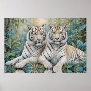 Poster Tigres de Ouro pálidos numa selva verde azul
