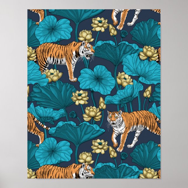 Poster Tigres no lago de lótus amarelo (Frente)