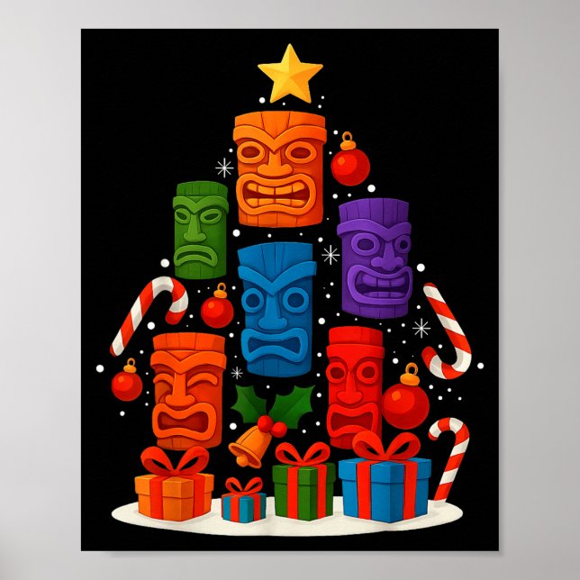 Poster Tiki Mask Luau Christmas Tree Hawaiian Xmas Hat Ha (Frente)