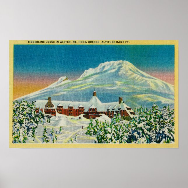 Poster Timberline Lodge em inverno no Monte Hood (Frente)