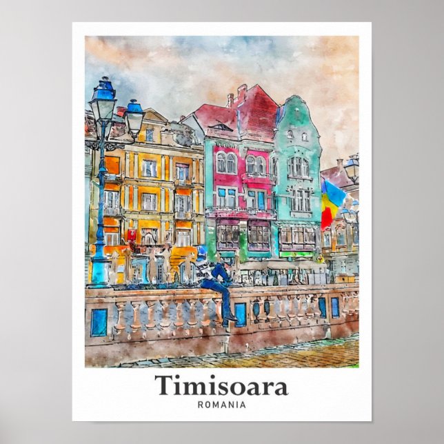 Poster Timisoara Romênia Viagem Watercolor (Frente)