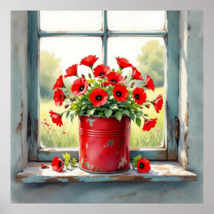 Poster Tin de café vermelho de papagaios vermelhos