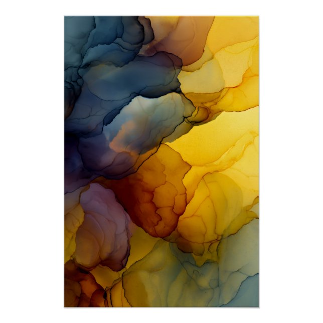 Pôster Tinta de Álcool Fluxo Abstrato Âmbar Índigo (Frente)