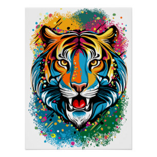 Pôster Tinta de cores Arco-íris Cabeça de Tigre