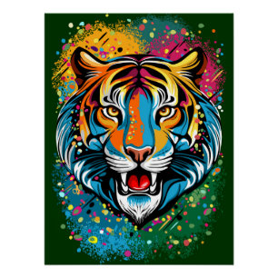 Pôster Tinta de cores do Arco-íris Cabeça de Tigre