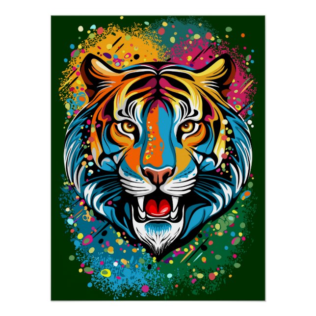Pôster Tinta de cores do Arco-íris Cabeça de Tigre (Frente)
