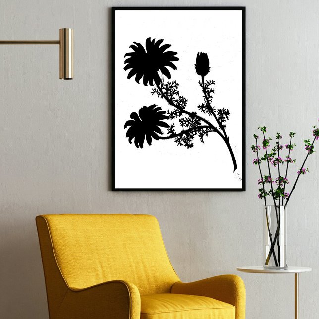 Poster Tinta Negra Moderna, Abstrato, Arte Margarida (Modern Black Ink Abstract Wildflower Daisy Art Poster)