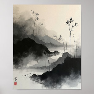 Poster Tinta Wash Abstrato Wall Art com Traços Sumi-E