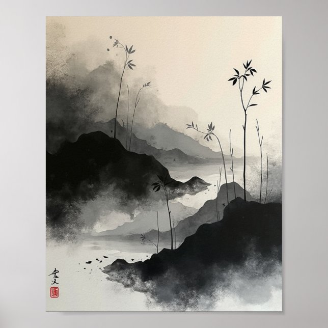 Poster Tinta Wash Abstrato Wall Art com Traços Sumi-E (Frente)