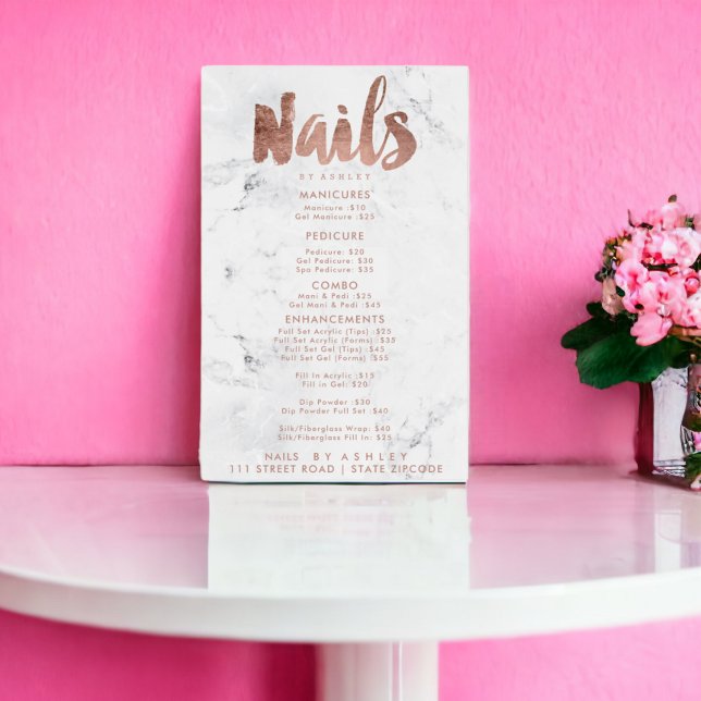 Poster Típica da lista de preços do Unhas rosa dourado má (Nails price list typography rose gold white marble poster)