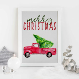 Poster Tipografia Feliz Natal Árvore Vermelha de Caminhão