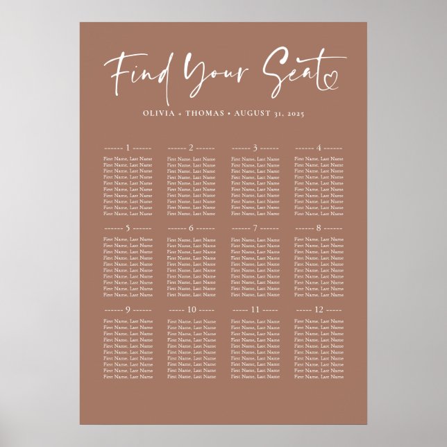 Poster Tipografia Modern Brown Weding Seating Chart (Frente)