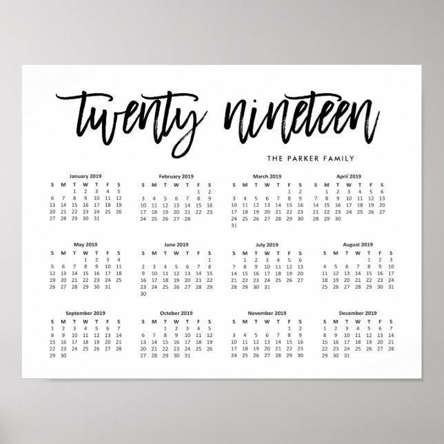 Poster Tipografia Moderna Preta e Branca Calendário 2019 (Frente)