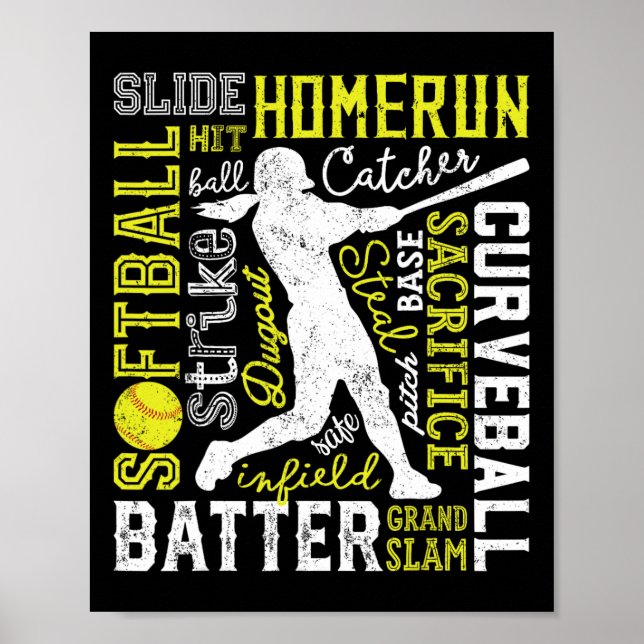 Poster Tipografia Softball Arte Palavra Engraçada Batter  (Frente)