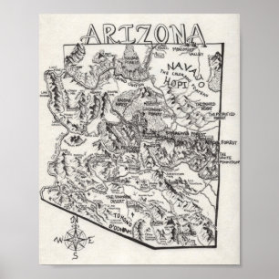 Poster tirado mão do mapa   da arizona