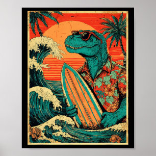 Poster Tiranossauro de Surf Retrô Verão Havaiano Dinosa