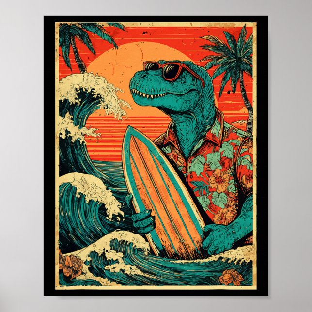 Poster Tiranossauro de Surf Retrô Verão Havaiano Dinosa (Frente)