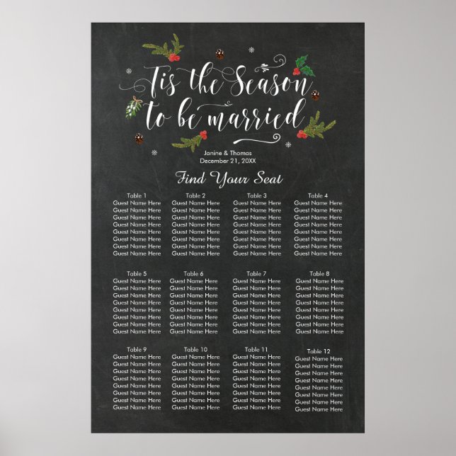 Poster tis the season winter wedding seating chart sign (Frente)