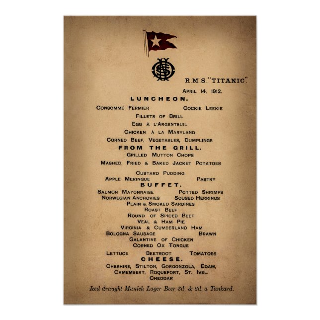 Pôster TITANIC Final Luncheon Menu 1912 (Frente)