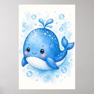 Poster Título Arte de Berçário em Aquarela de Baleia Azul