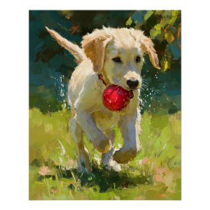 Pôster Título: Golden Retriever Brincalhão com Bola Verme