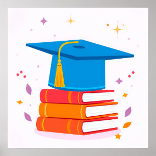 Poster Toca de Graduação Azul Com Livros