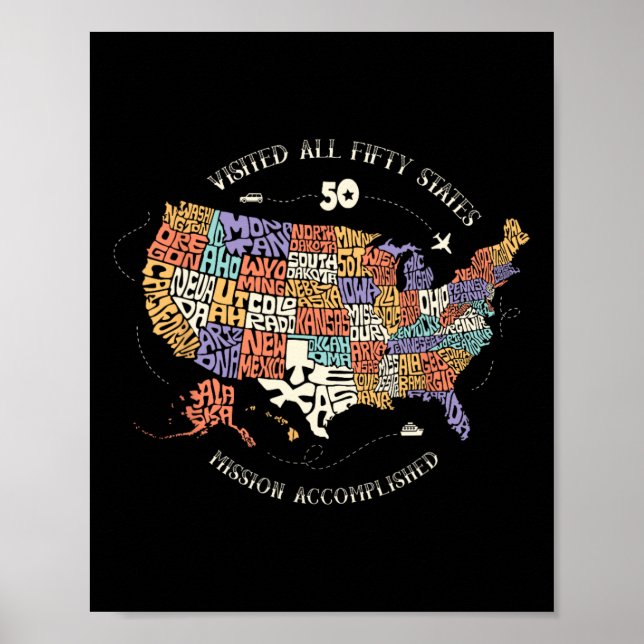 Poster Todos Os 50 Estados-Membros Visitaram O Mapa Dos 5 (Frente)