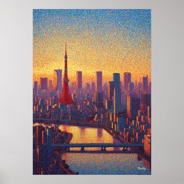 Poster Tokyo Tower Pointillism Skyline Sunset Art (Frente)