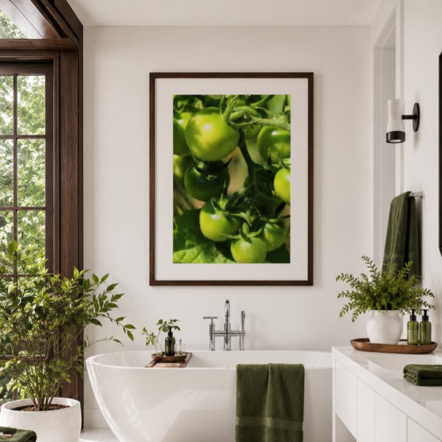 Poster Tomates verdes (Fresh botanical tomato poster brings natural color and spa-inspired elegance to modern bathrooms.)