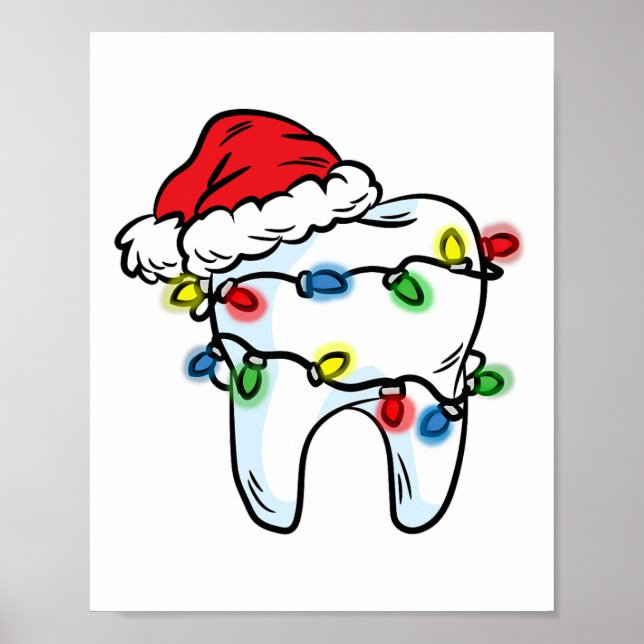 Poster Tooth Christmas Light Santa Hat Dentist Dental Hyg (Frente)