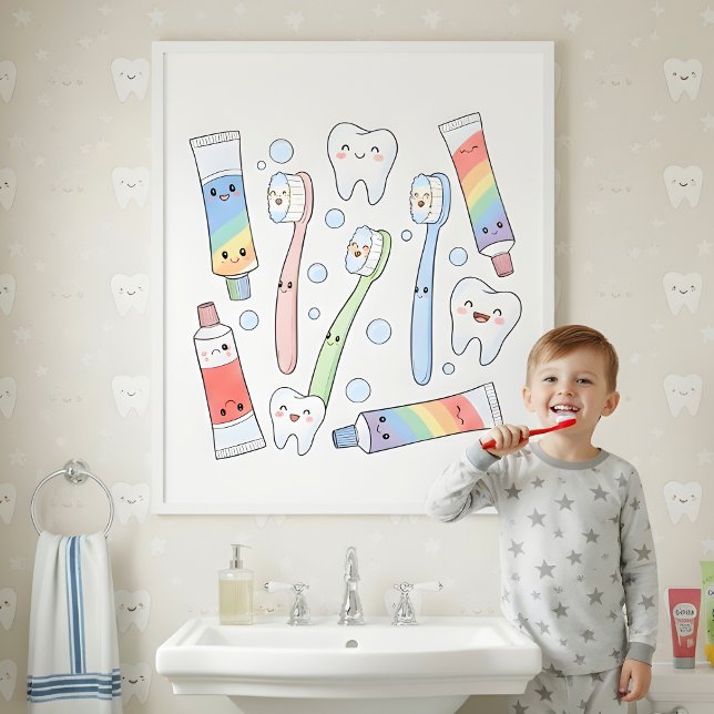 Poster Toothbrush Party Kids Bathroom Wall Art (Criador carregado)