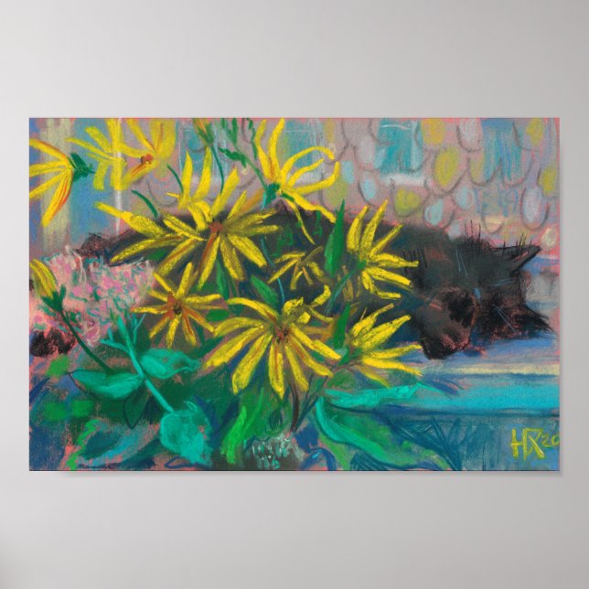 Poster Topinambour Sonha Preto Gato Amarelo Flores Pastel (Frente)