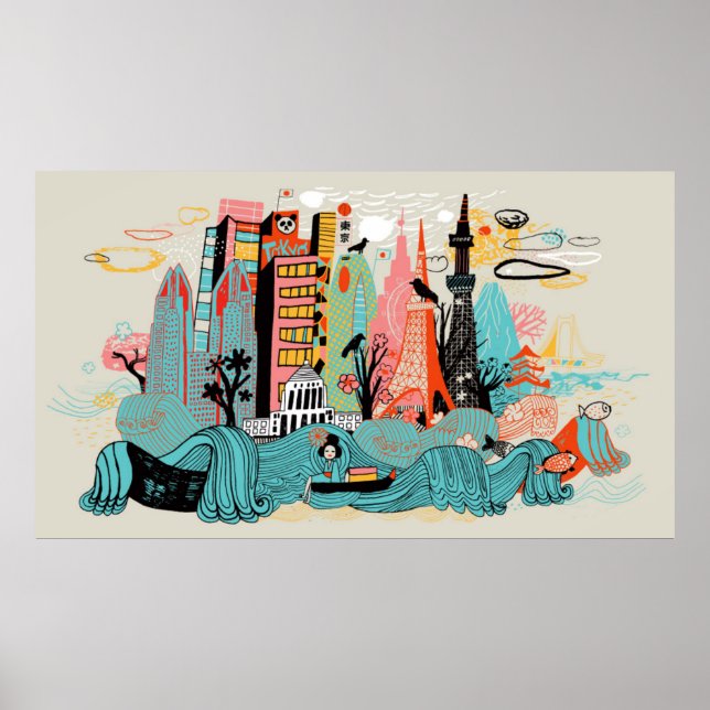 Poster Tóquio desenhado à mão Japão (Frente)