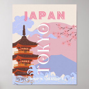 Poster Tóquio Japão Viagem Art, Retro-Viagem Art, Rosa