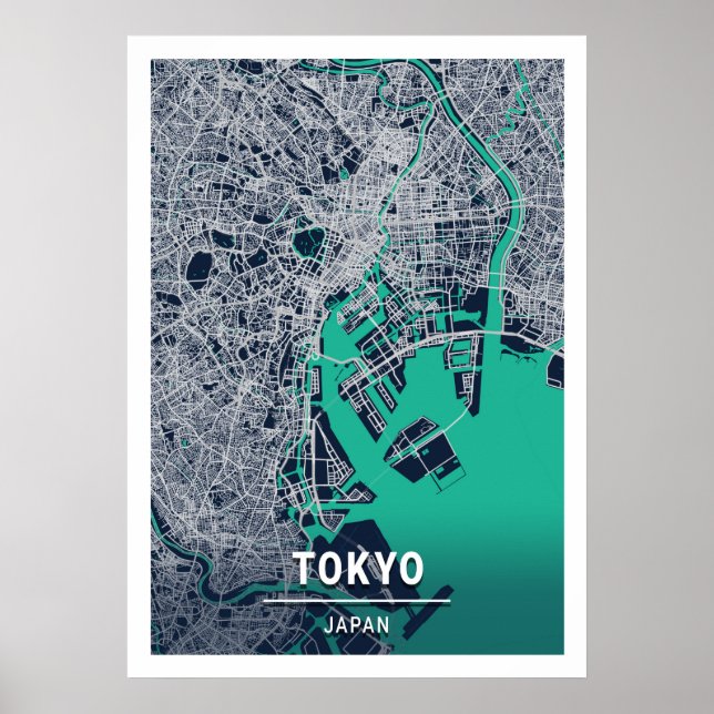 Poster Tóquio - Mapa de Cidade Azul - Escuro do Japão (Frente)