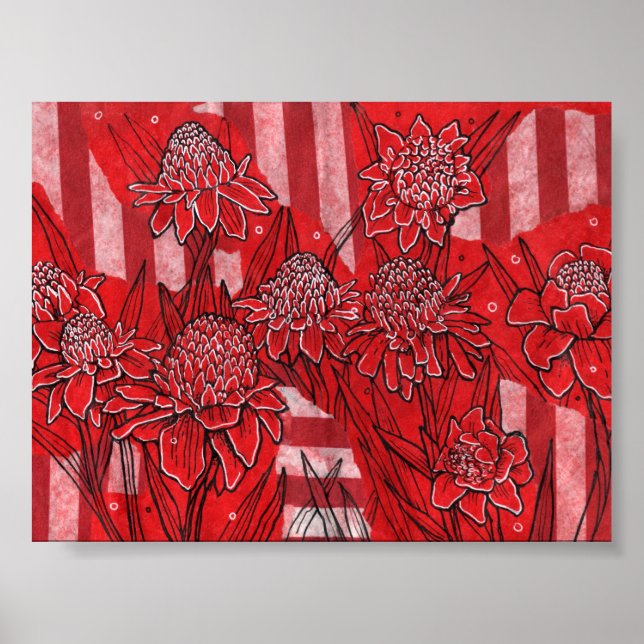 Poster Torch Ginger Lily, Flores Vermelhas Arte Floral Tr (Frente)