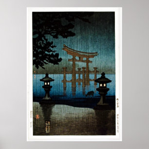 Pôster Tori e cena Ukiyo-e do lago