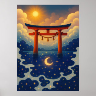 Poster Torii Gate com Sun e Moon Fantasy Japonês