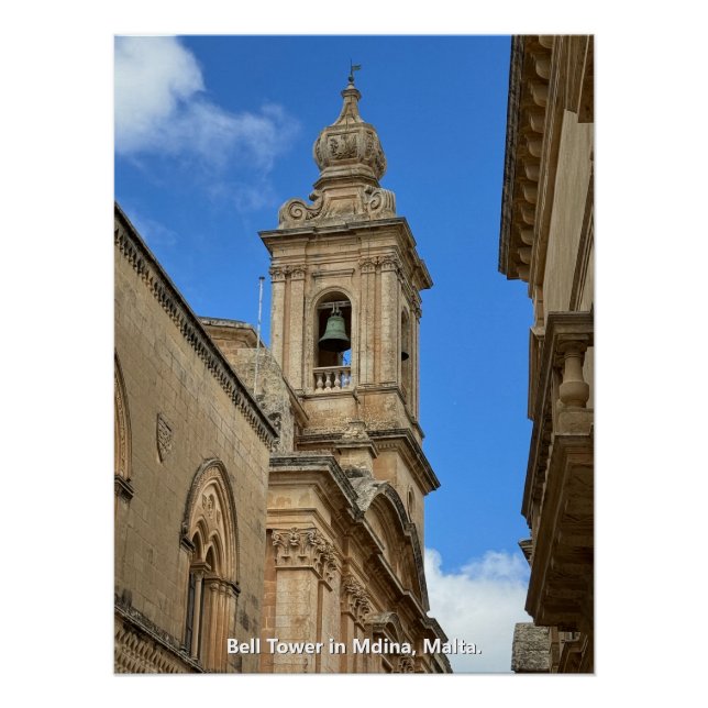 Pôster Torre Bell em Mdina, Malta. (Frente)